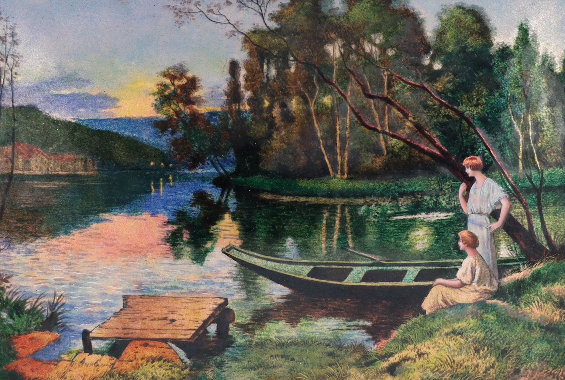 Jules Sarlandie (1874-1936), a large Art Deco Limoges enamel polychrome wall plaque, ‘Waiting for the ferryman’, 23.5cm x 34.5cm excluding frame